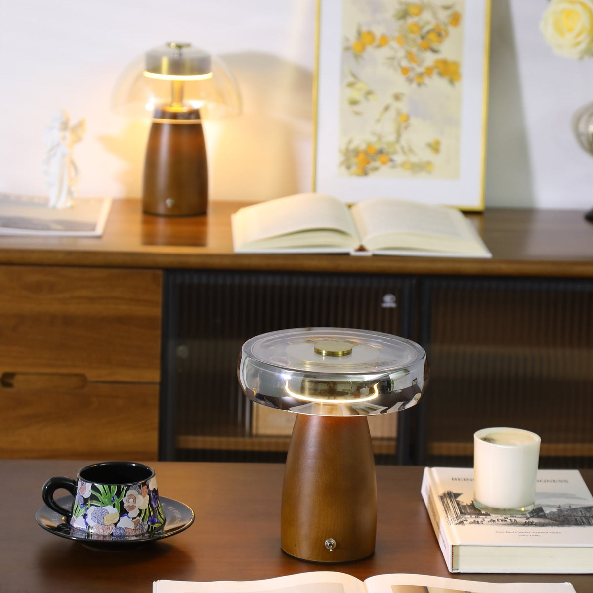 Veyra Modern Walnut Wood Table Lamp with Glass Shade for Bedroom and Living Room