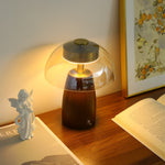 Veyra Modern Walnut Wood Table Lamp with Glass Shade for Bedroom and Living Room