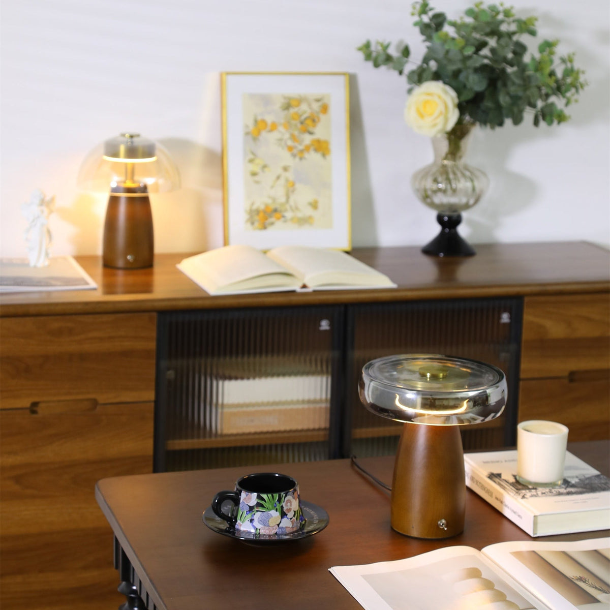 Veyra Modern Walnut Wood Table Lamp with Glass Shade for Bedroom and Living Room