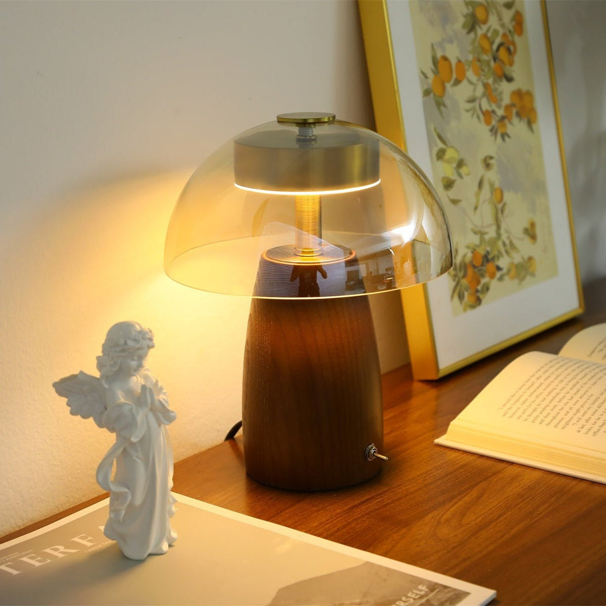 Veyra Modern Walnut Wood Table Lamp with Glass Shade for Bedroom and Living Room
