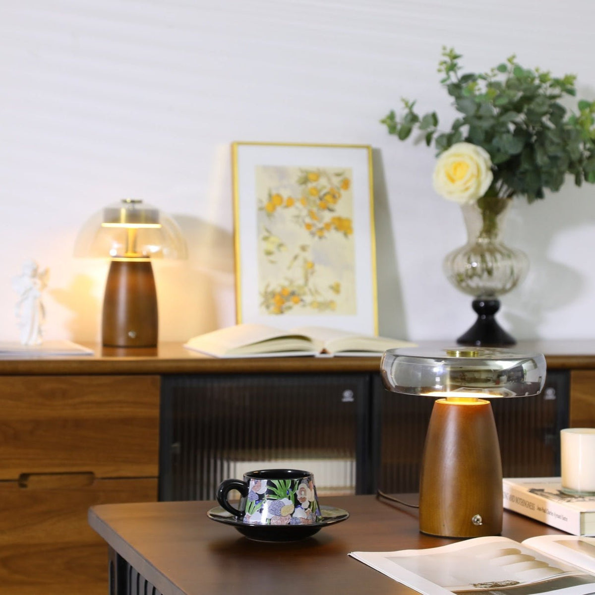Veyra Modern Walnut Wood Table Lamp with Glass Shade for Bedroom and Living Room