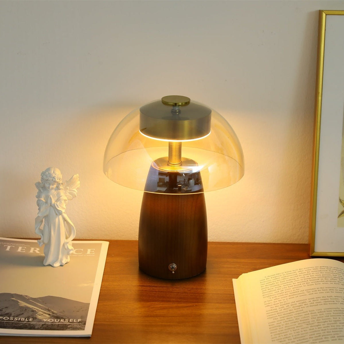 Veyra Modern Walnut Wood Table Lamp with Glass Shade for Bedroom and Living Room