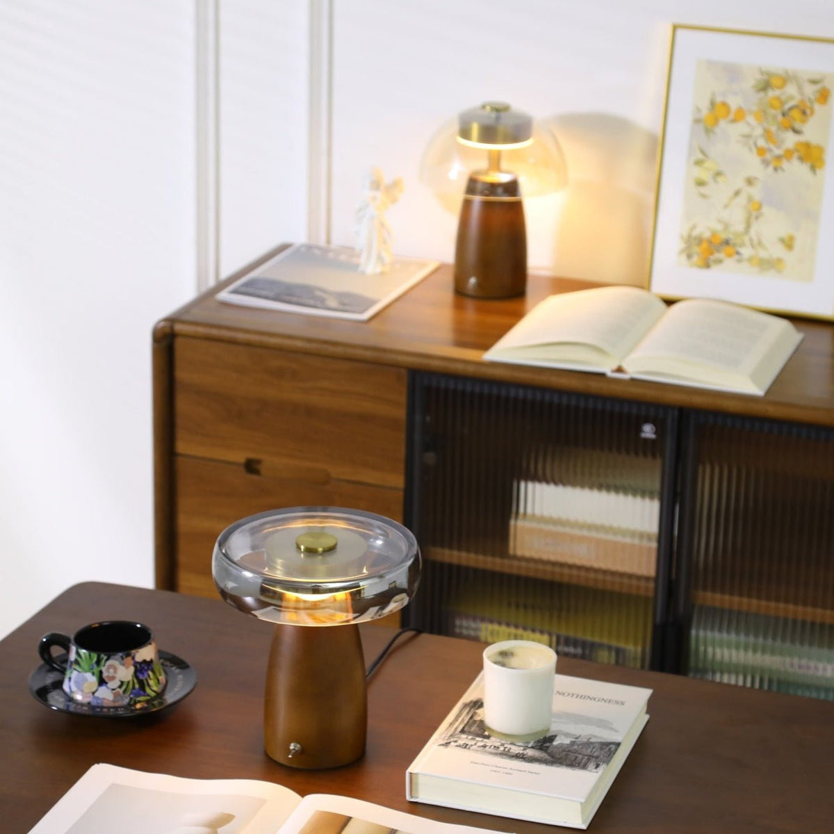 Veyra Modern Walnut Wood Table Lamp with Glass Shade for Bedroom and Living Room