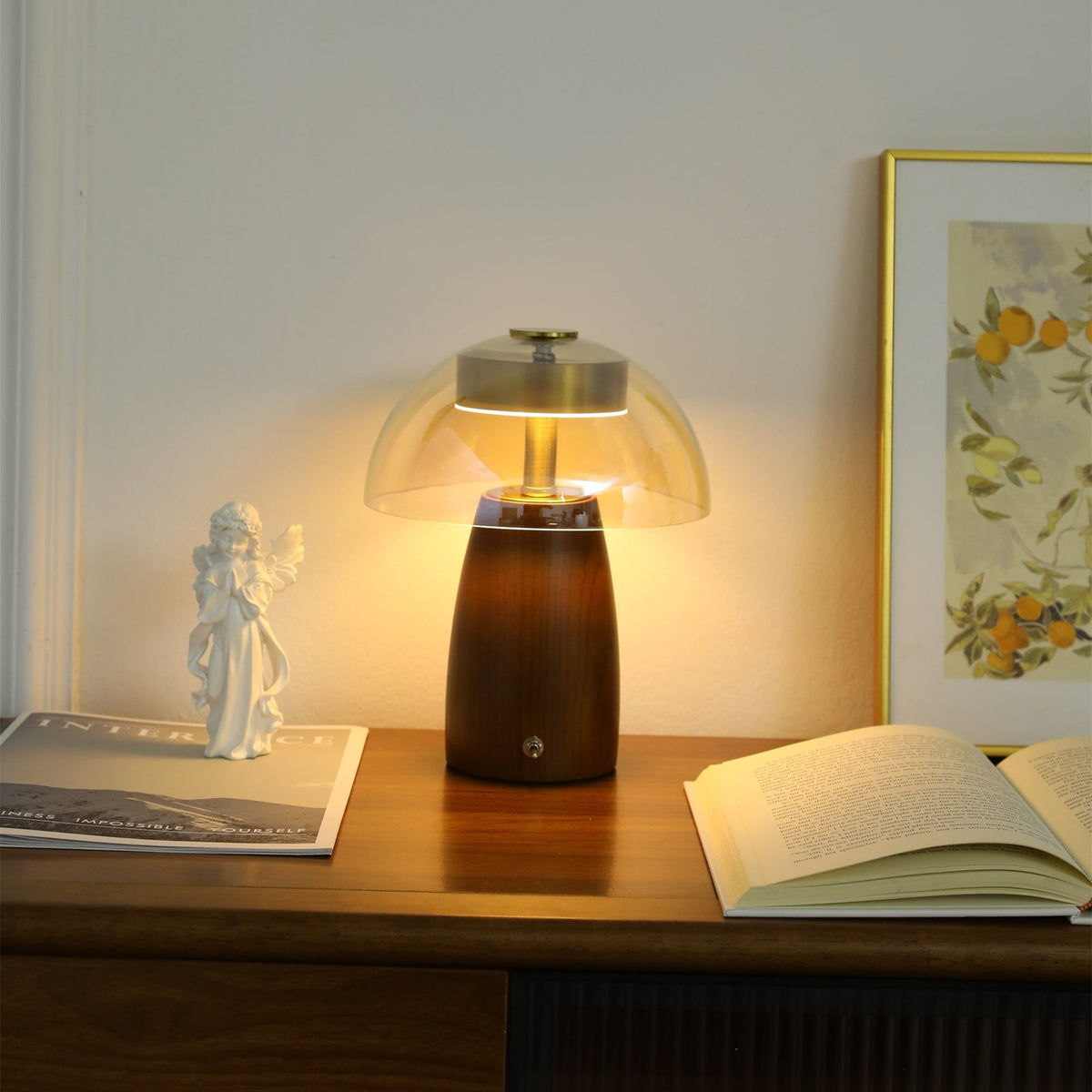 Veyra Modern Walnut Wood Table Lamp with Glass Shade for Bedroom and Living Room