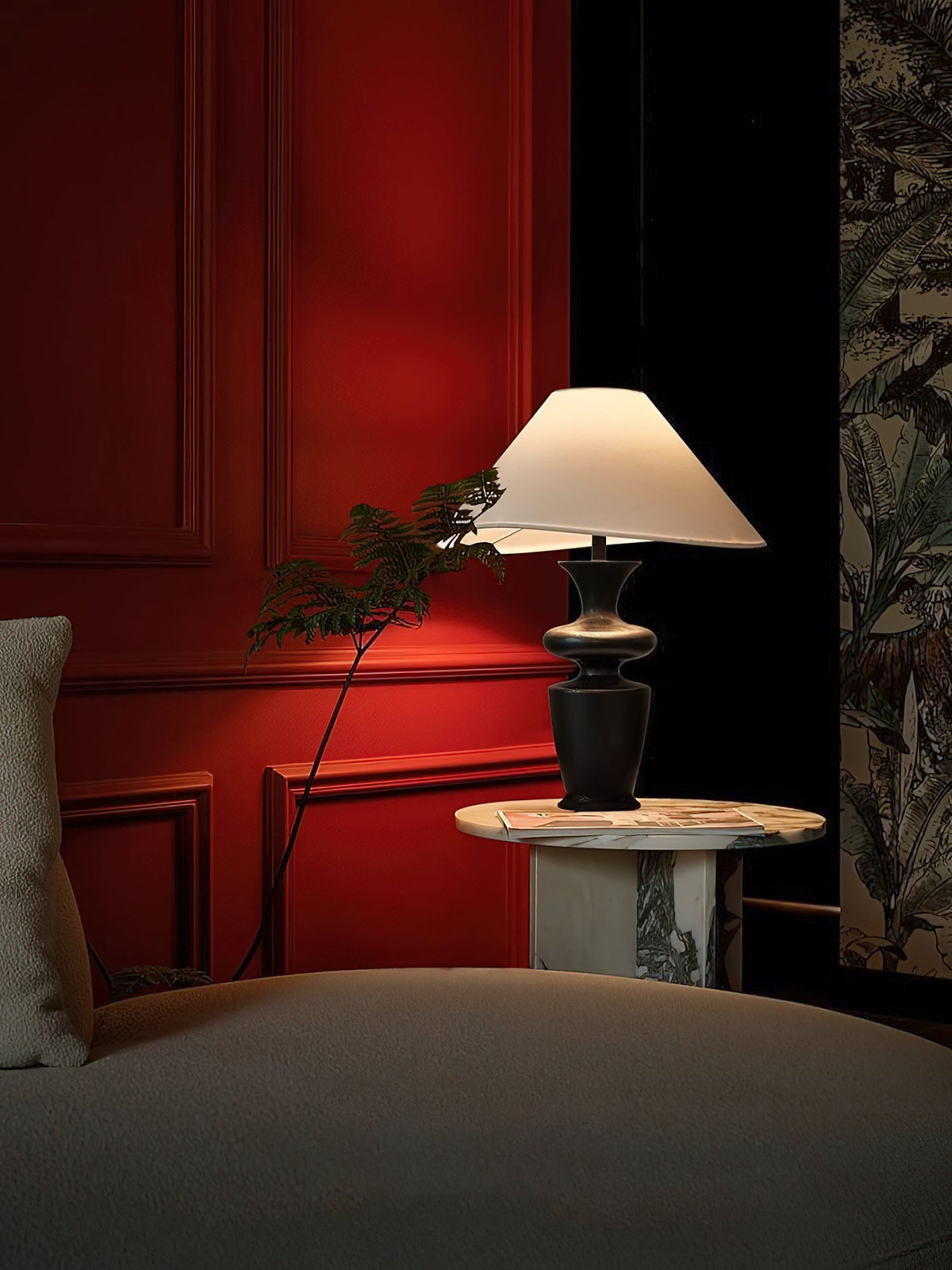 Vino Sculpted Wood Table Lamp with White Fabric Shade