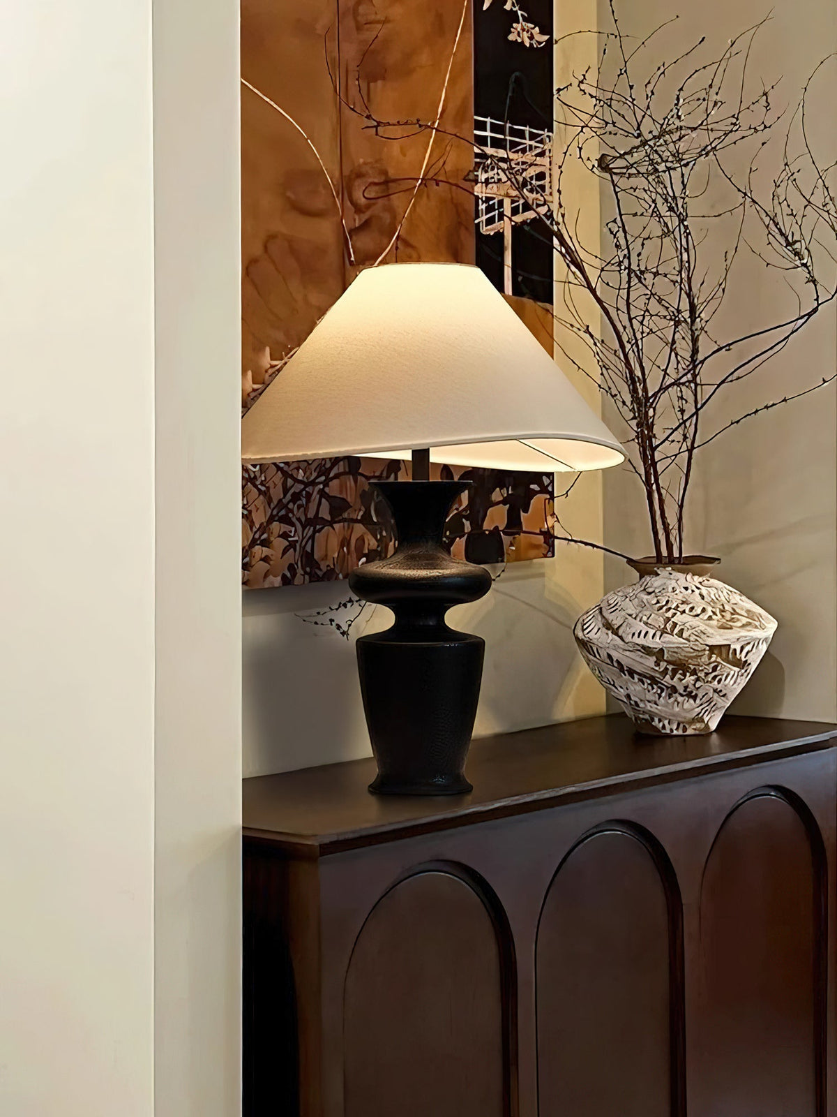 Vino Sculpted Wood Table Lamp with White Fabric Shade