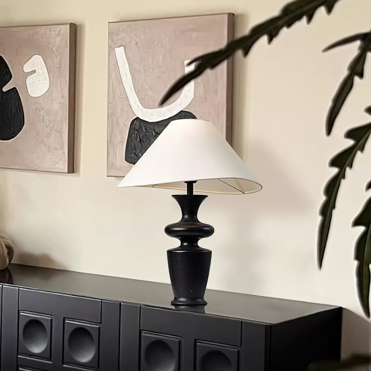 Vino Sculpted Wood Table Lamp with White Fabric Shade