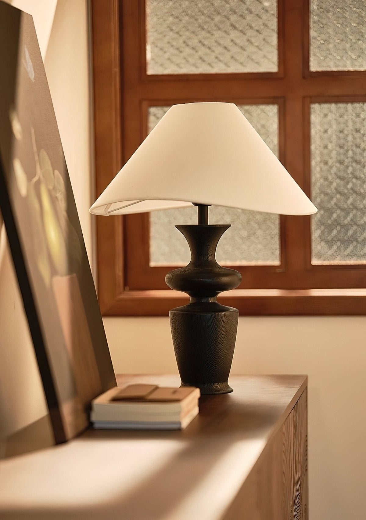 Vino Sculpted Wood Table Lamp with White Fabric Shade