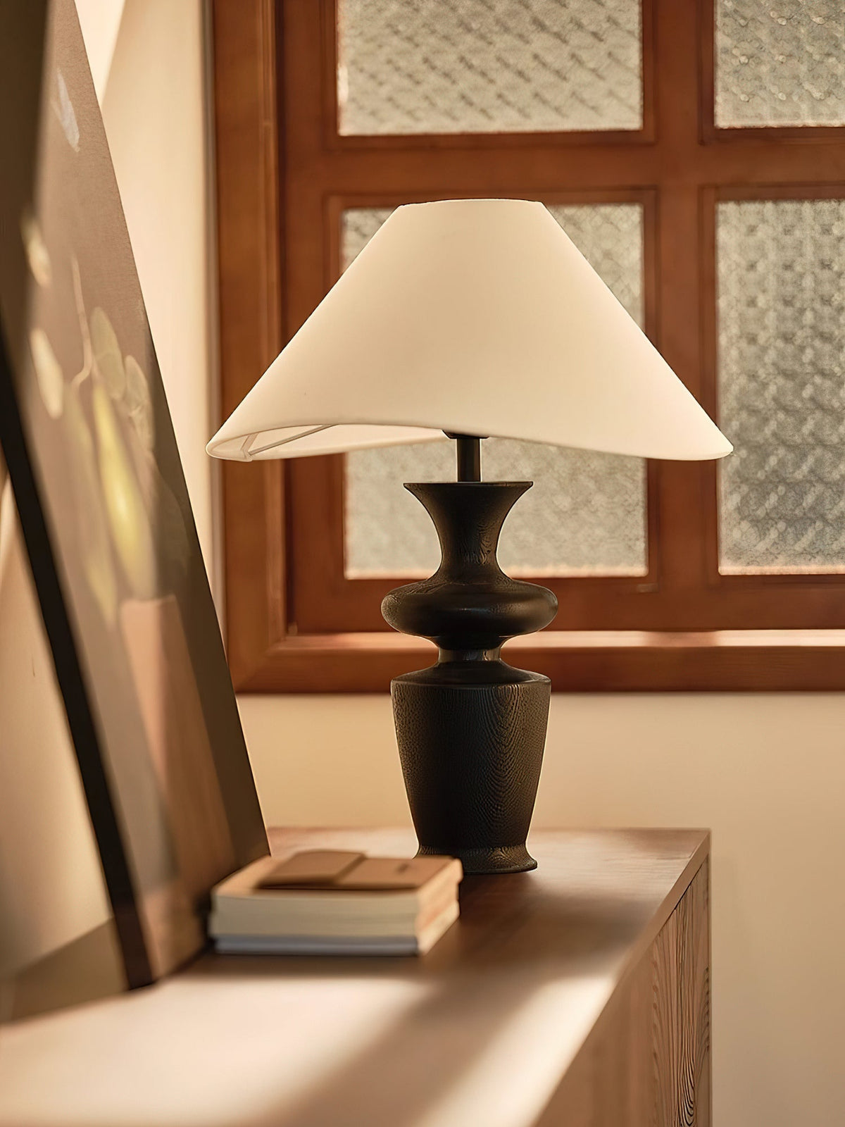 Vino Sculpted Wood Table Lamp with White Fabric Shade