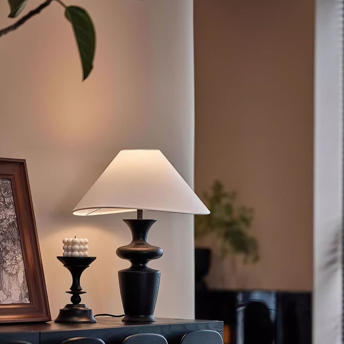 Vino Sculpted Wood Table Lamp with White Fabric Shade