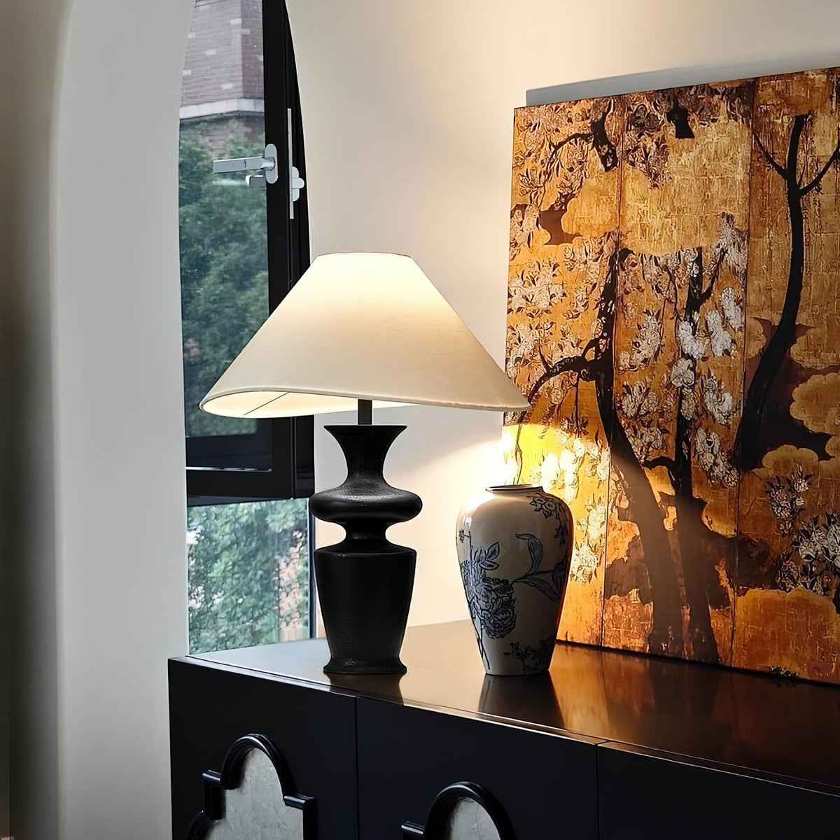 Vino Sculpted Wood Table Lamp with White Fabric Shade