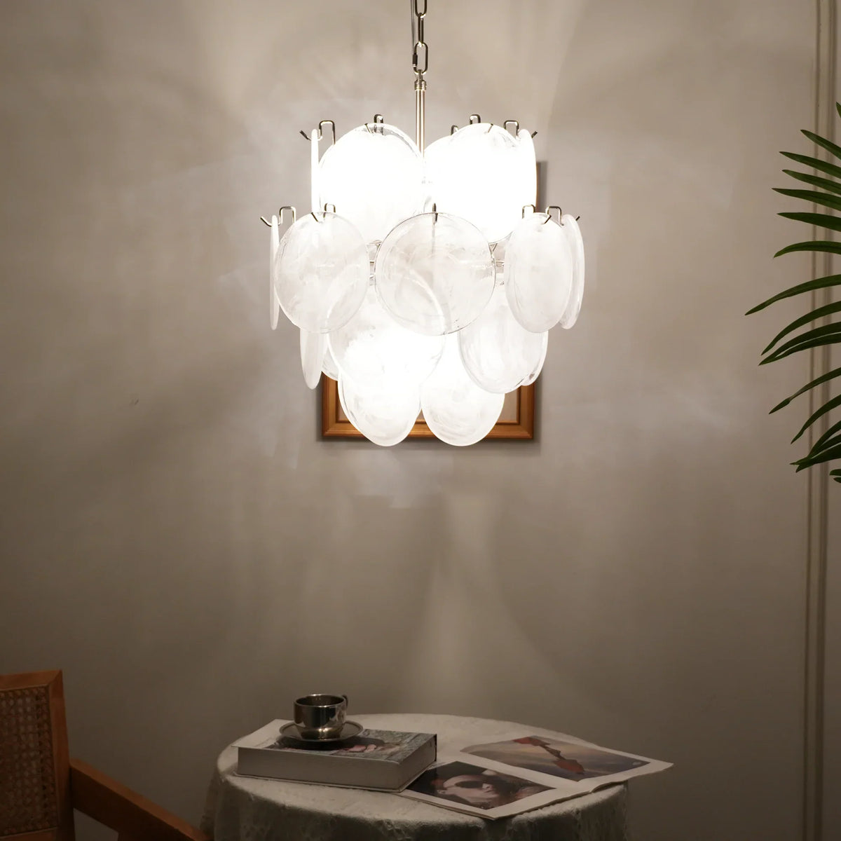 Vintage Murano White Glass Disks Chandelier
