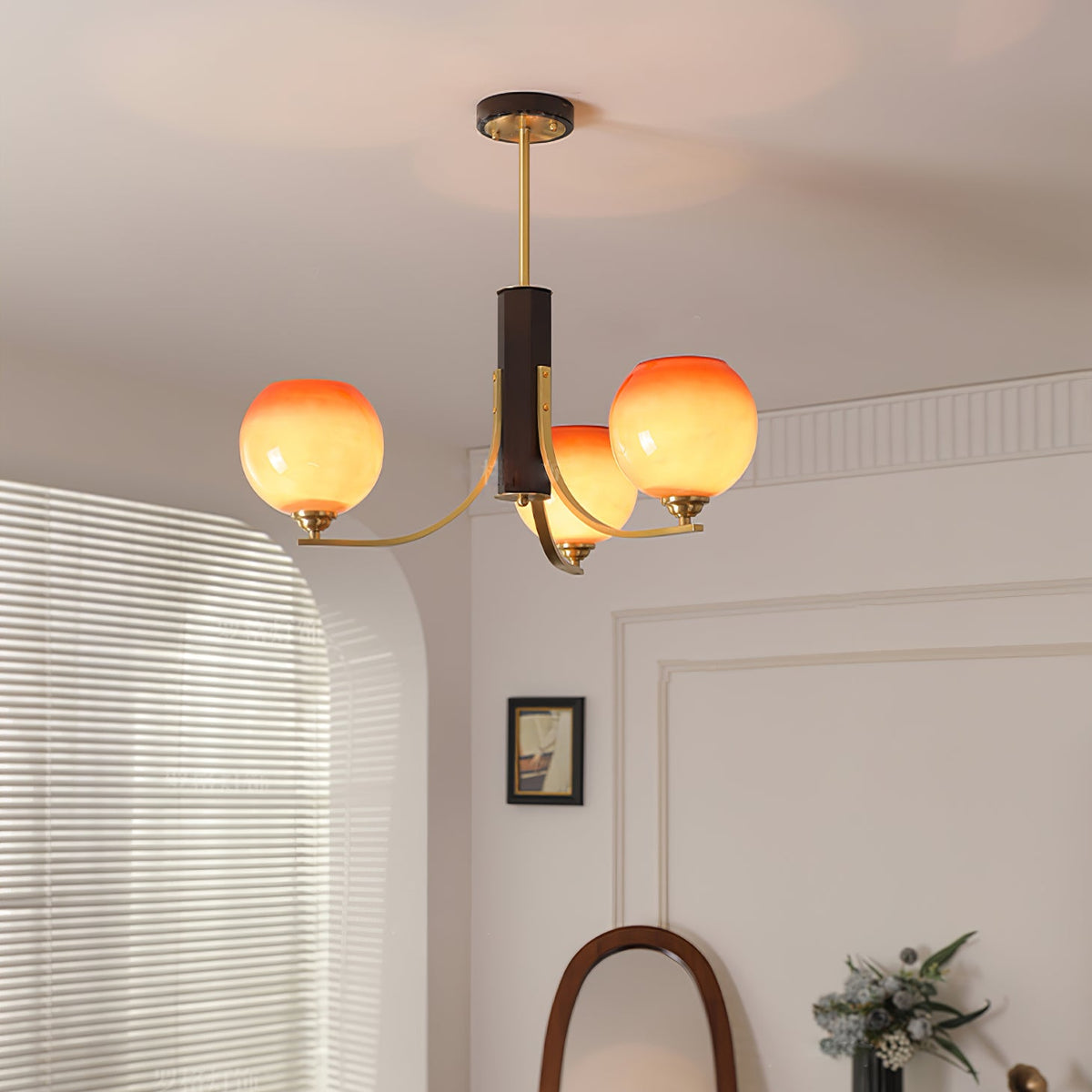 Caramel Globe Chandelier – Six-Light Brass & Glass Pendant for Dining and Living Spaces
