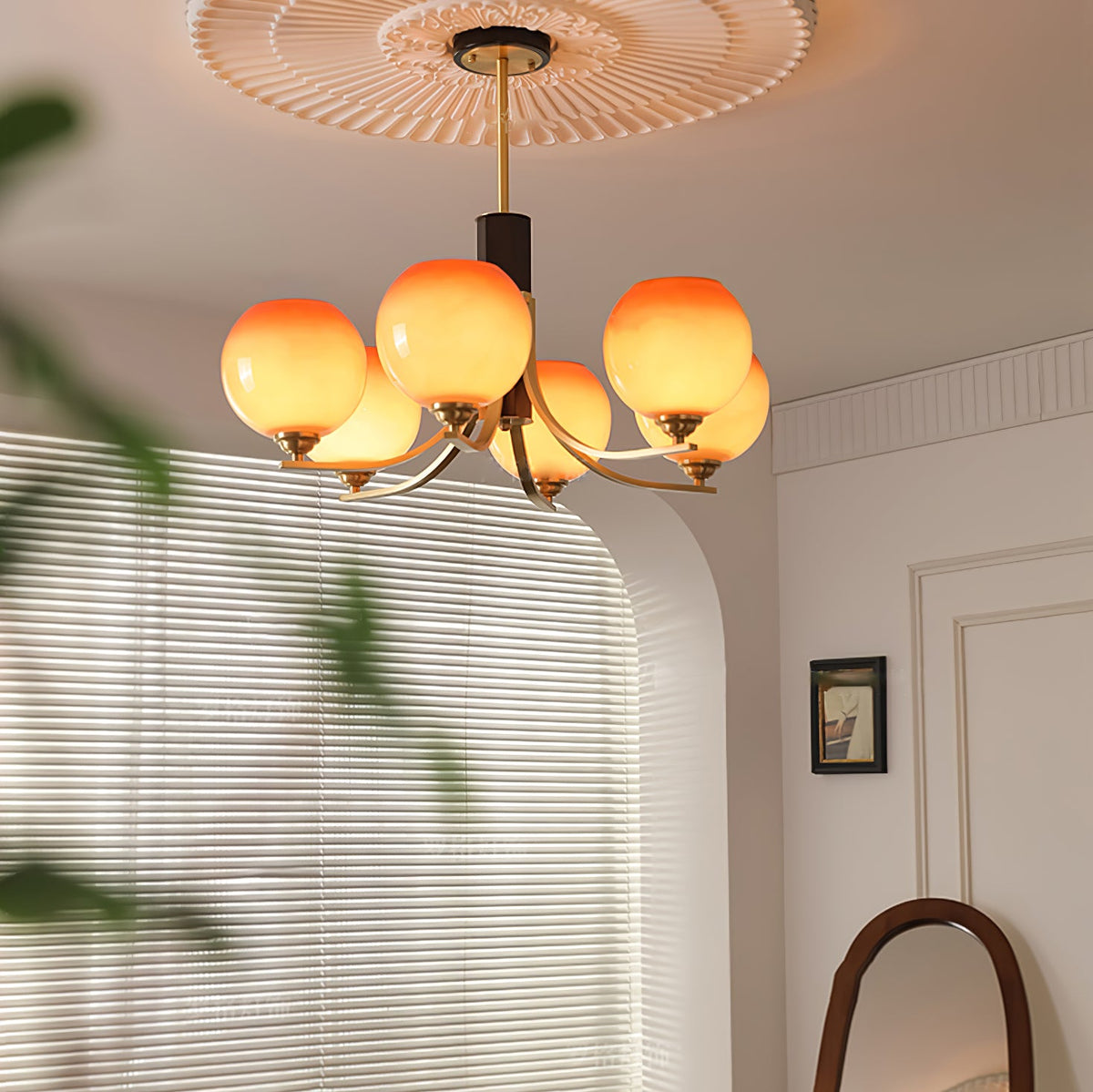 Caramel Globe Chandelier – Six-Light Brass & Glass Pendant for Dining and Living Spaces