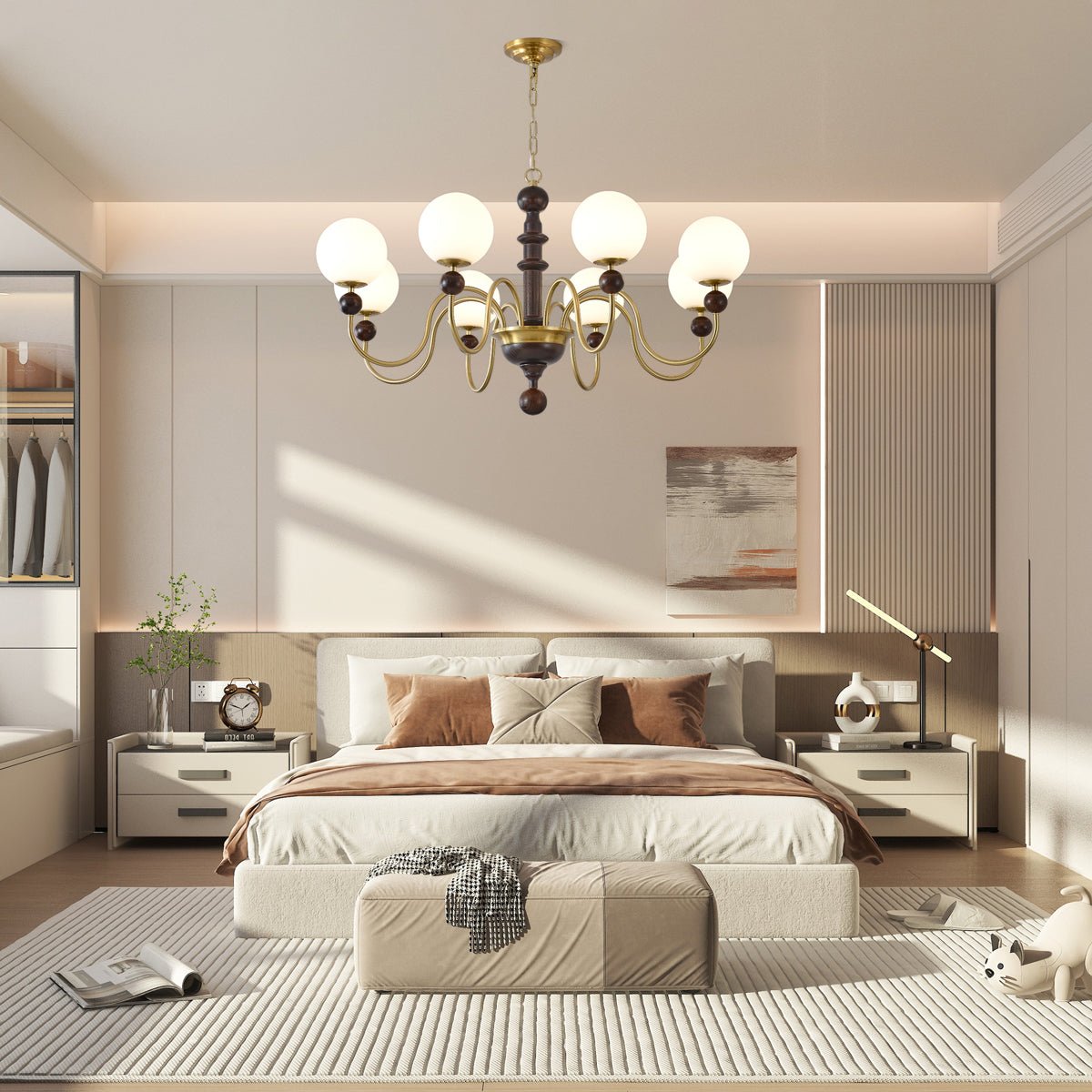 Curved Sphere Chandelier in Gold and Walnut with Frosted Glass