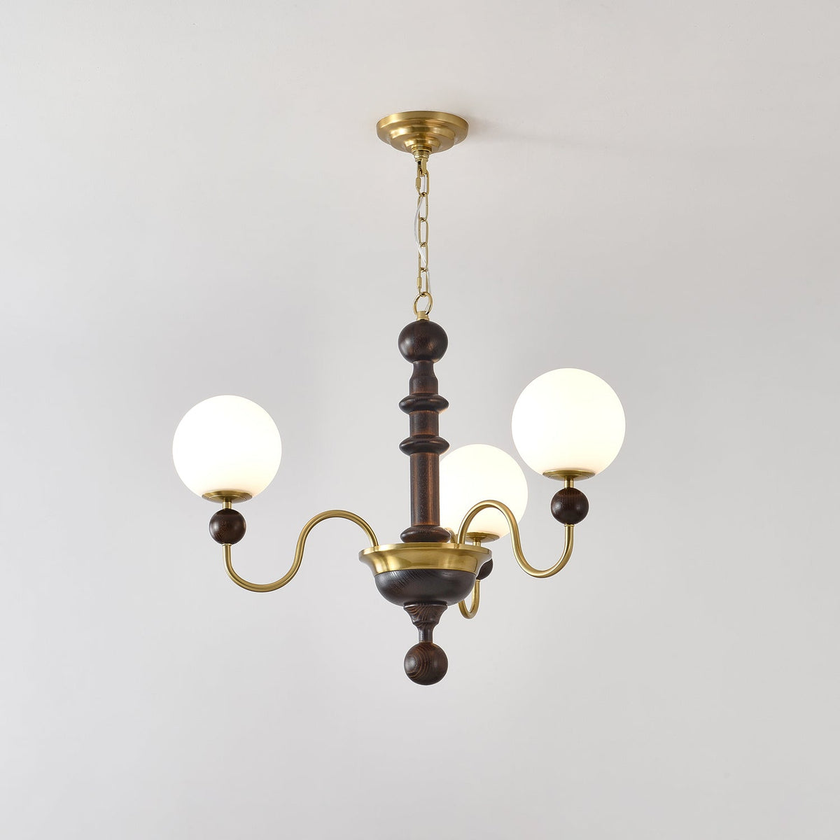 Curved Sphere Chandelier in Gold and Walnut with Frosted Glass
