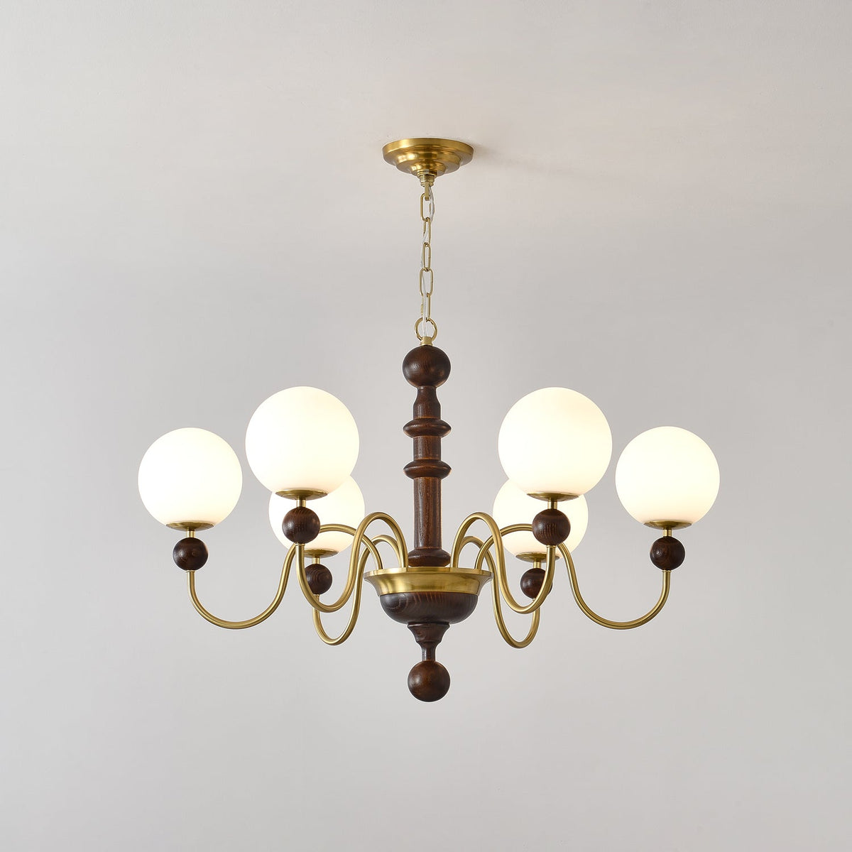 Curved Sphere Chandelier in Gold and Walnut with Frosted Glass