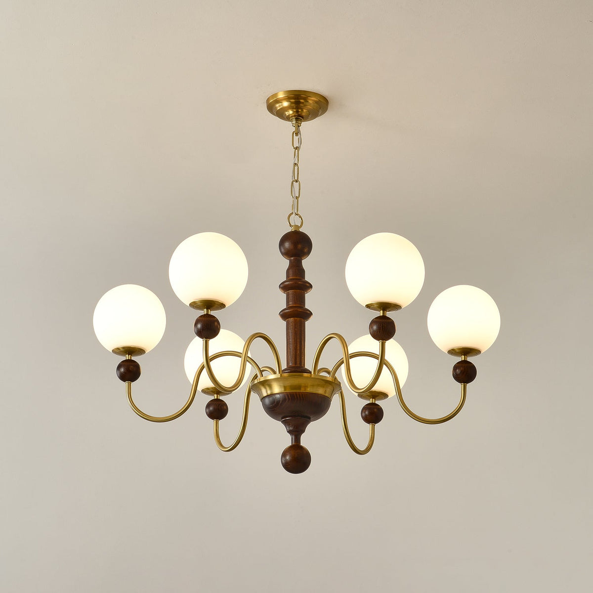 Curved Sphere Chandelier in Gold and Walnut with Frosted Glass