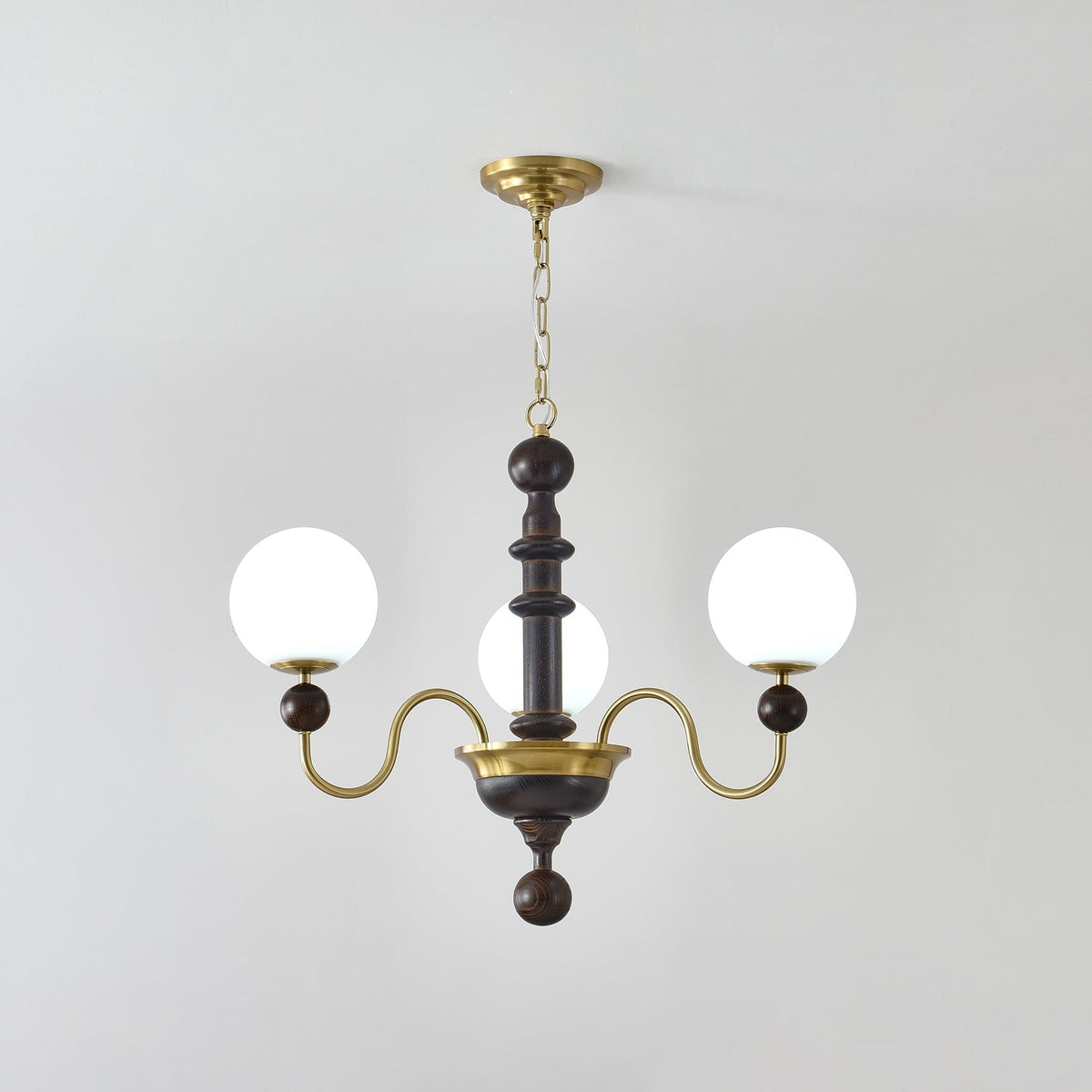 Curved Sphere Chandelier in Gold and Walnut with Frosted Glass