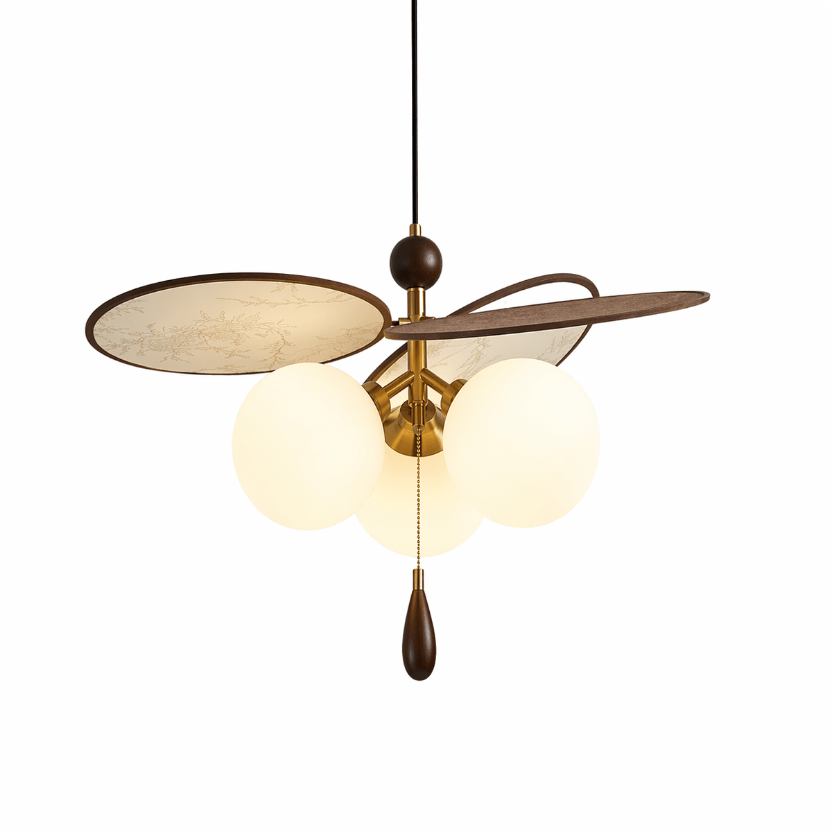 Artisan Floral Disc Chandelier with Frosted Glass Globes and Walnut Accents