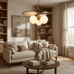 Artisan Floral Disc Chandelier with Frosted Glass Globes and Walnut Accents