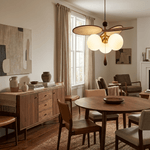 Artisan Floral Disc Chandelier with Frosted Glass Globes and Walnut Accents