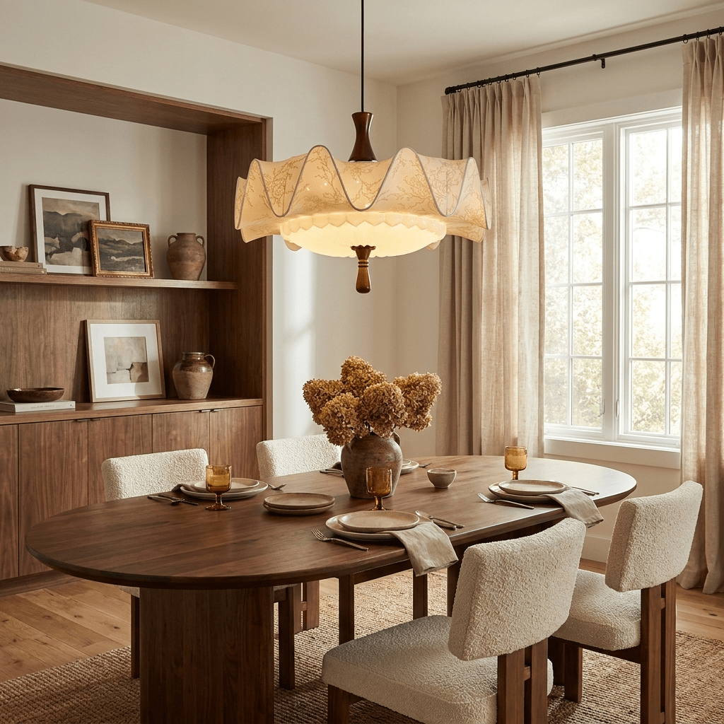 Scalloped Floral Pendant Light with Walnut Accents