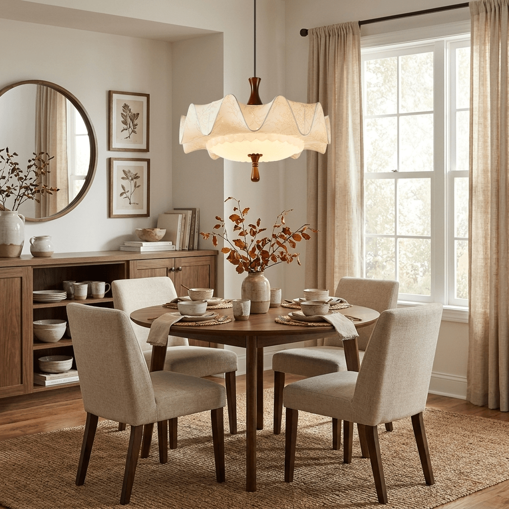 Scalloped Floral Pendant Light with Walnut Accents
