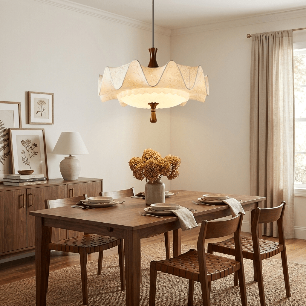 Scalloped Floral Pendant Light with Walnut Accents