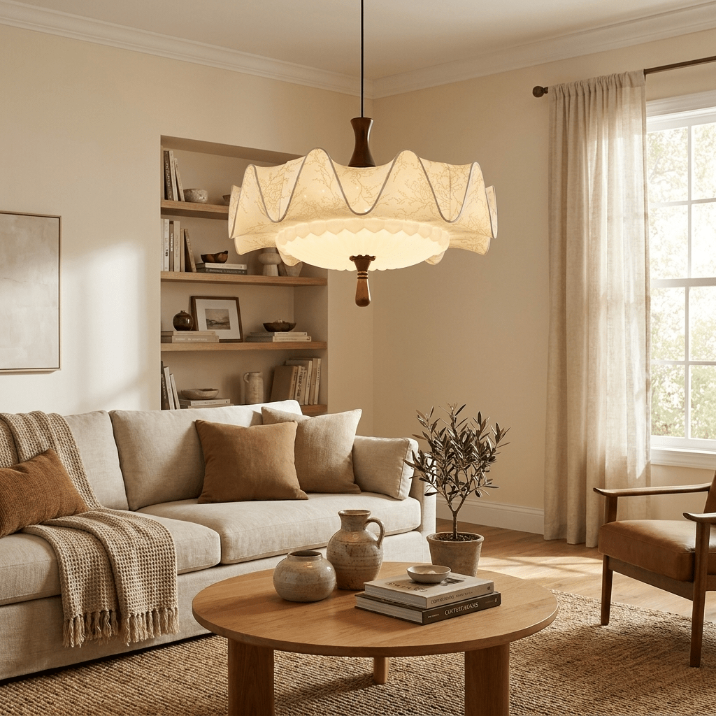 Scalloped Floral Pendant Light with Walnut Accents