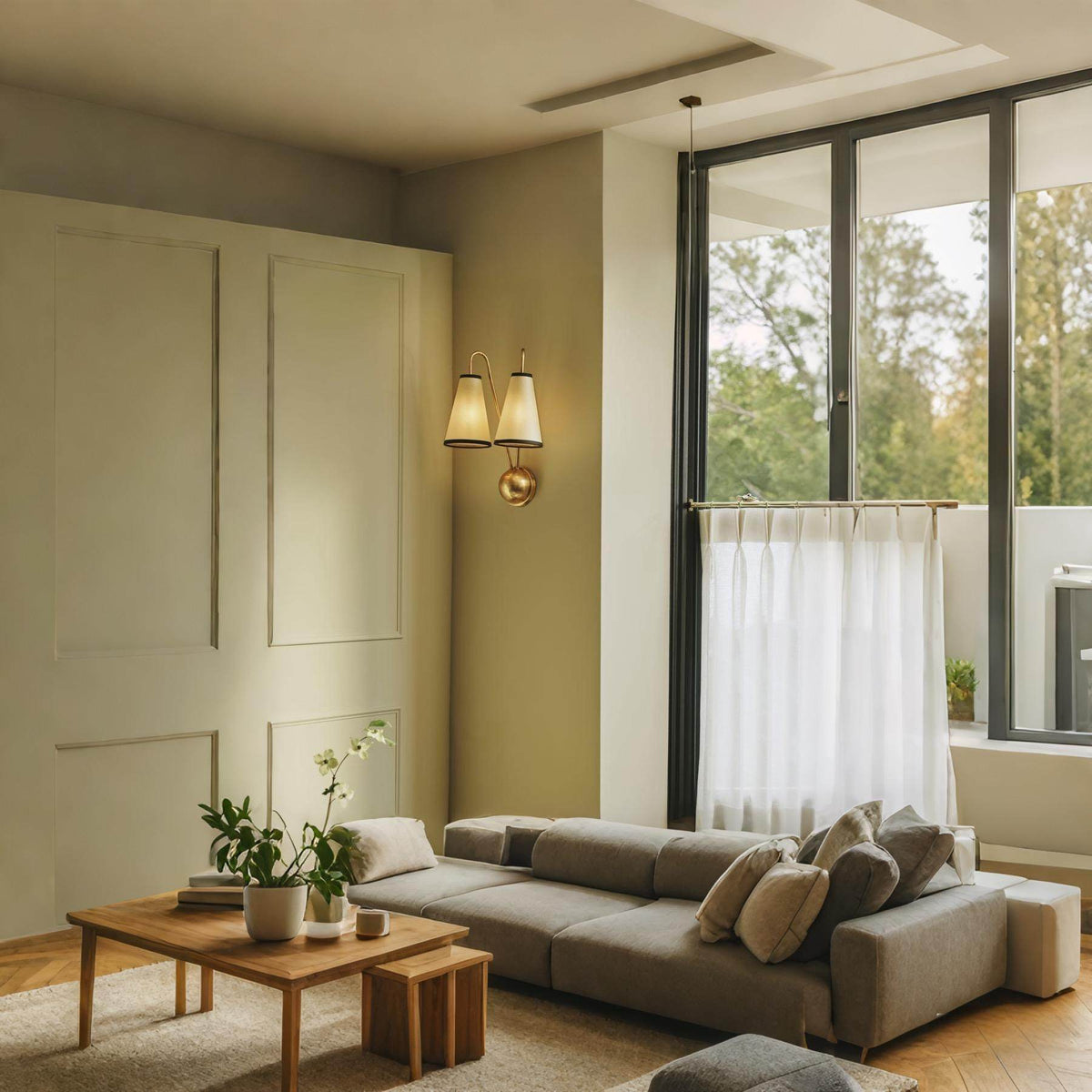 Vireo Twin Wall Light – Modern Brass & Fabric Sconce for Bedroom, Living Room, Hallway