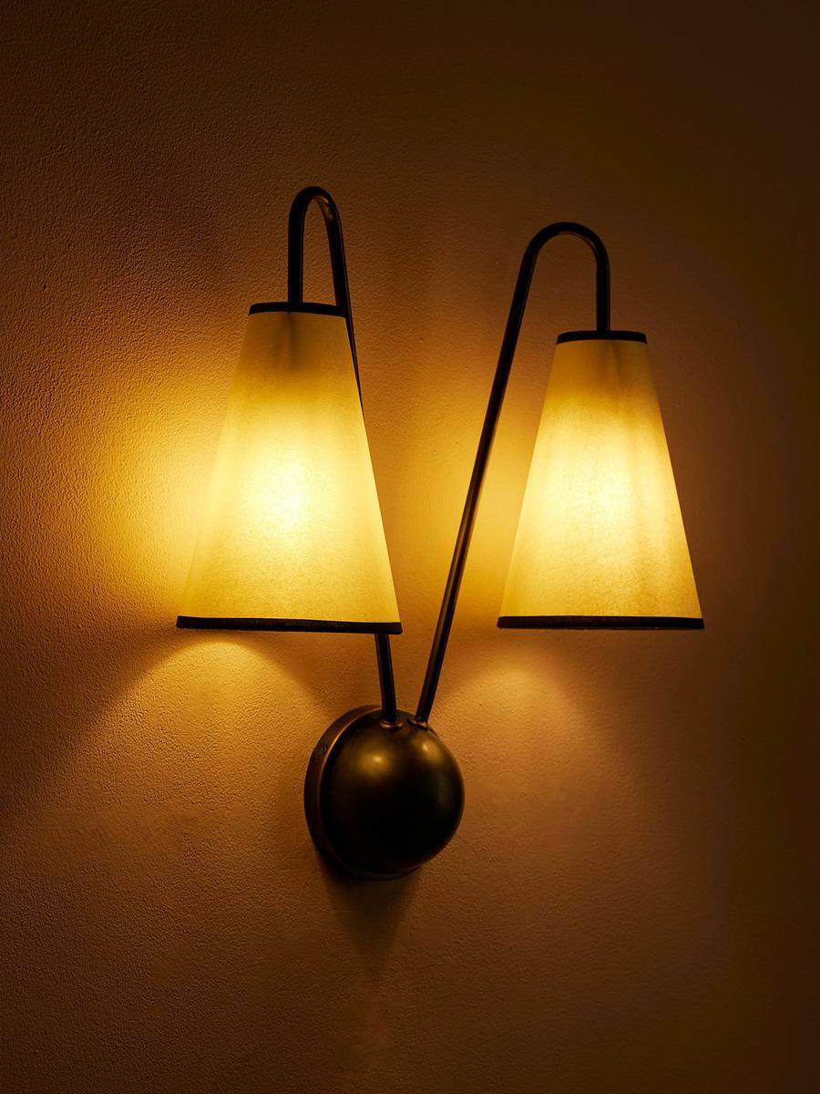 Vireo Twin Wall Light – Modern Brass & Fabric Sconce for Bedroom, Living Room, Hallway