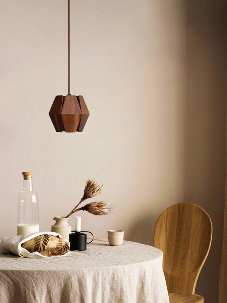 Virex Wood Pendant Light – Faceted Walnut Geometric Lantern