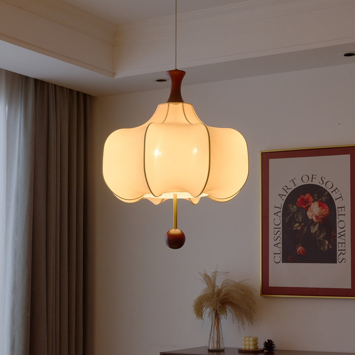 Vivienne Cloud Fabric Pendant Light with Walnut Wood Accents