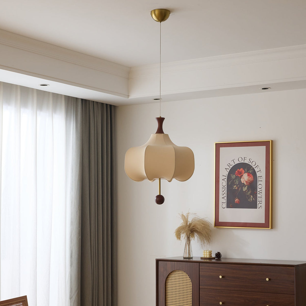 Vivienne Cloud Fabric Pendant Light with Walnut Wood Accents