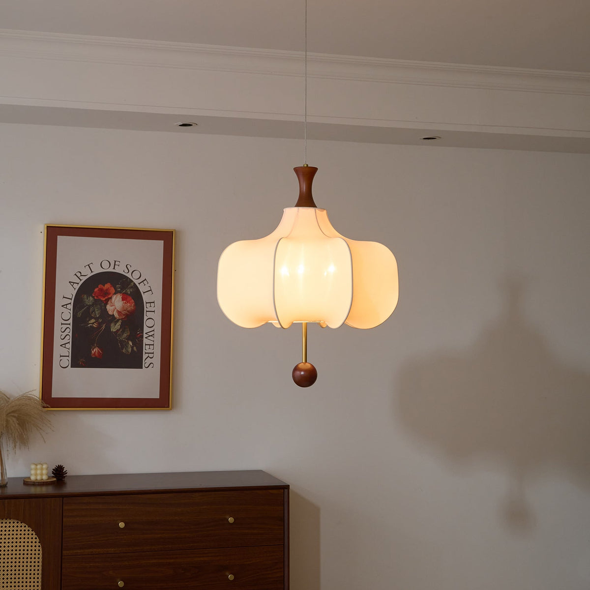 Vivienne Cloud Fabric Pendant Light with Walnut Wood Accents