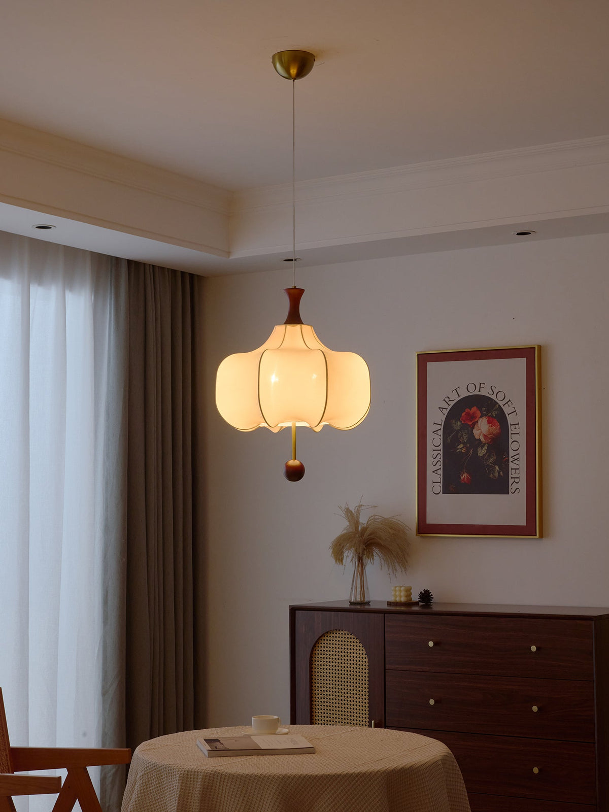Vivienne Cloud Fabric Pendant Light with Walnut Wood Accents