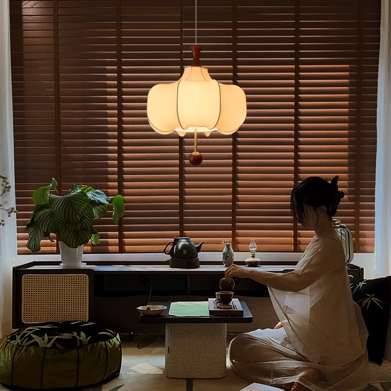 Vivienne Cloud Fabric Pendant Light with Walnut Wood Accents