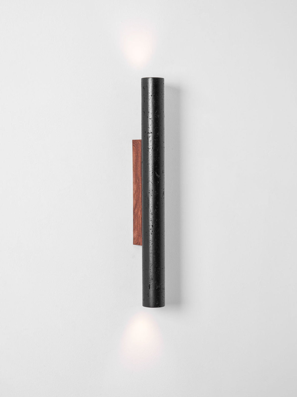 Volcanic Noir Wall Sconce – Black Travertine & Walnut Up-Down Light