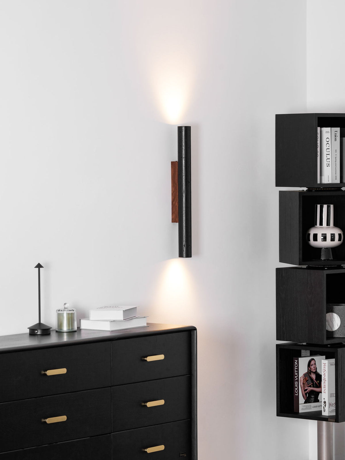 Volcanic Noir Wall Sconce – Black Travertine & Walnut Up-Down Light
