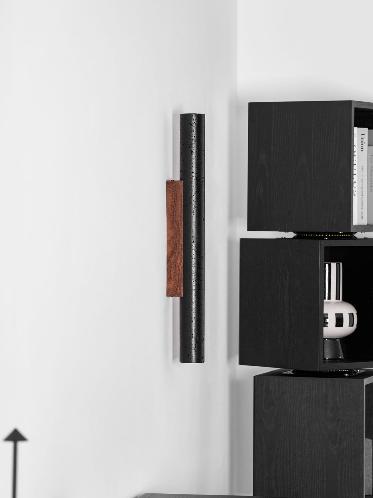 Volcanic Noir Wall Sconce – Black Travertine & Walnut Up-Down Light