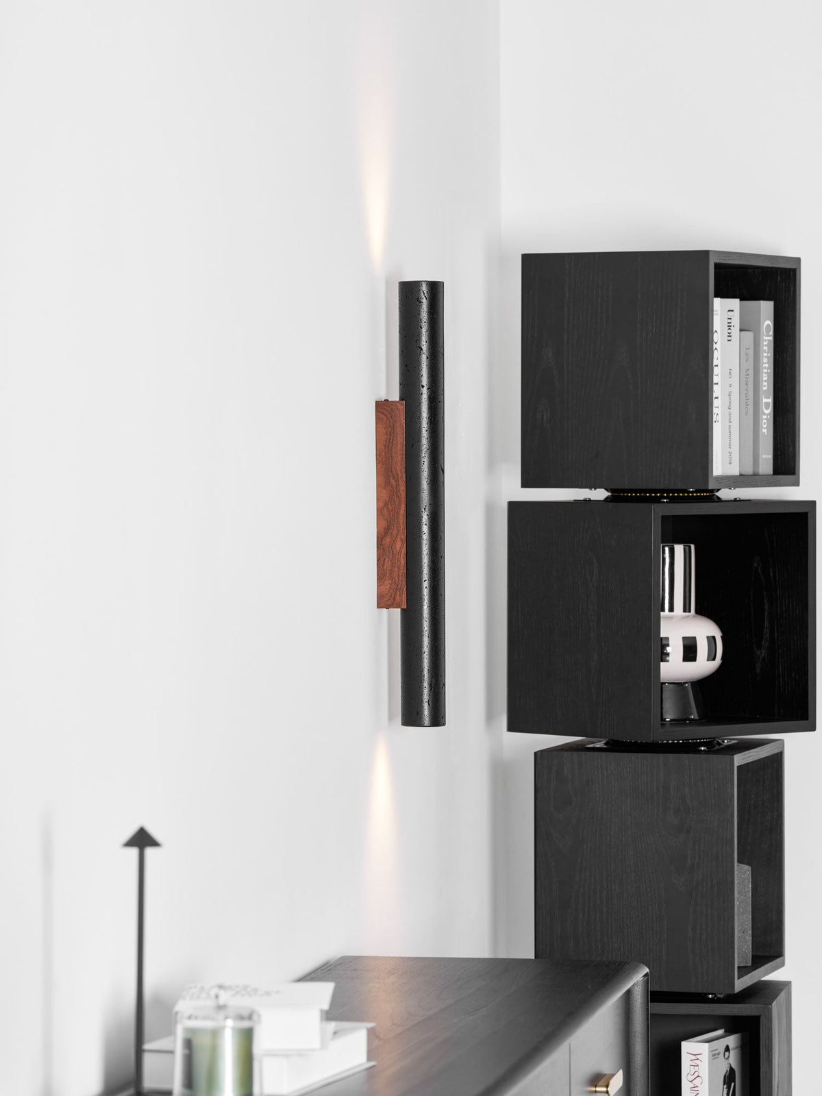 Volcanic Noir Wall Sconce – Black Travertine & Walnut Up-Down Light