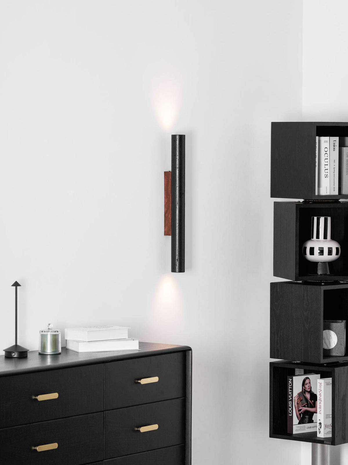 Volcanic Noir Wall Sconce – Black Travertine & Walnut Up-Down Light