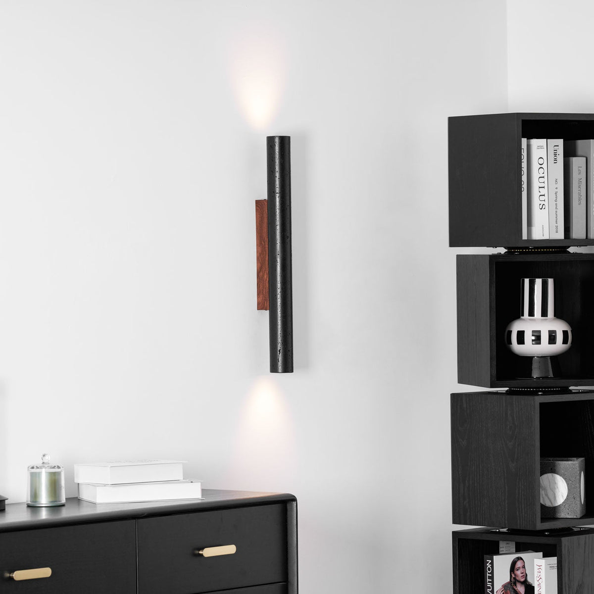 Volcanic Noir Wall Sconce – Black Travertine & Walnut Up-Down Light