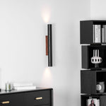 Volcanic Noir Wall Sconce – Black Travertine & Walnut Up-Down Light