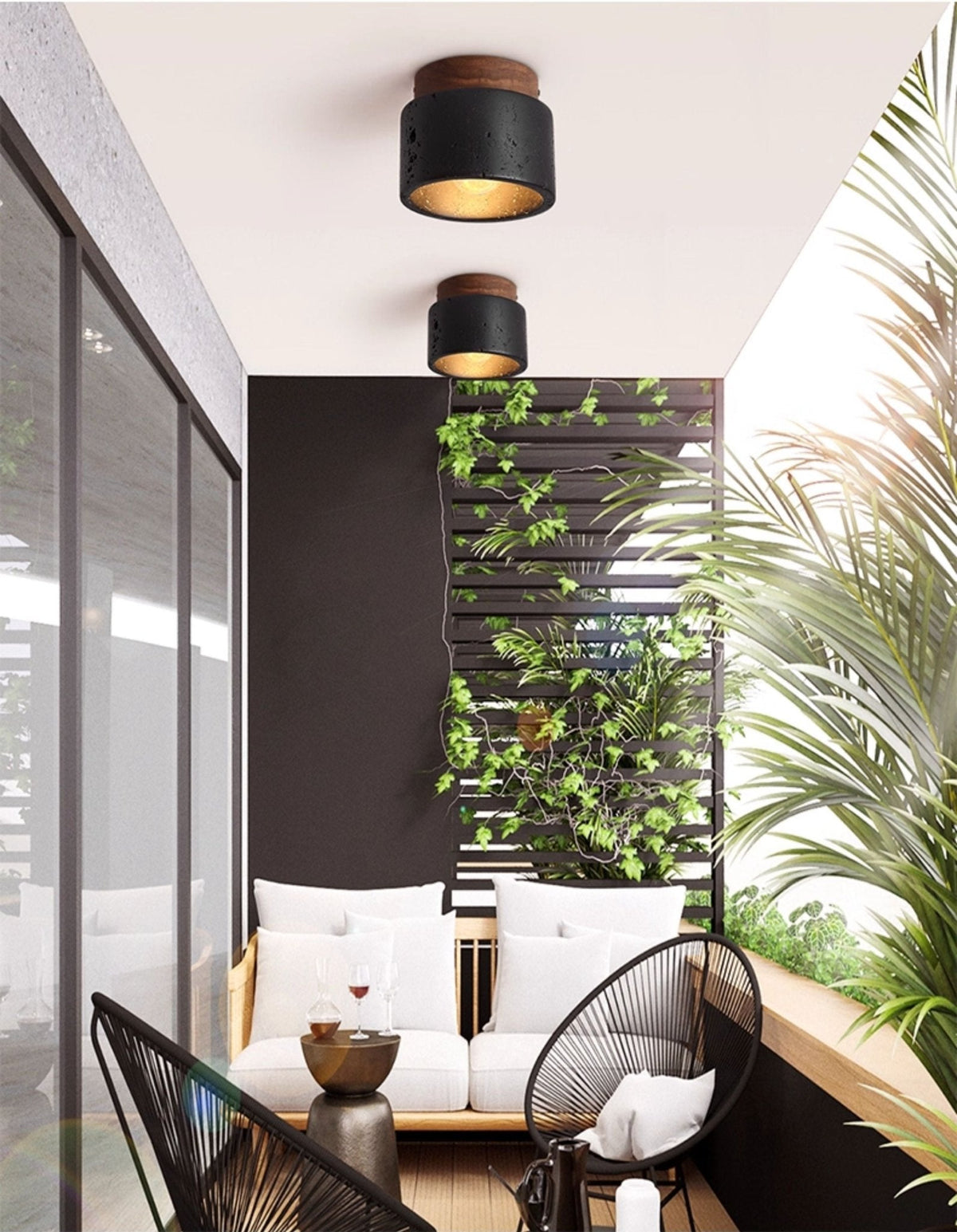 Volcanic Glow Flush Mount Ceiling Light in Black Travertine and Walnut