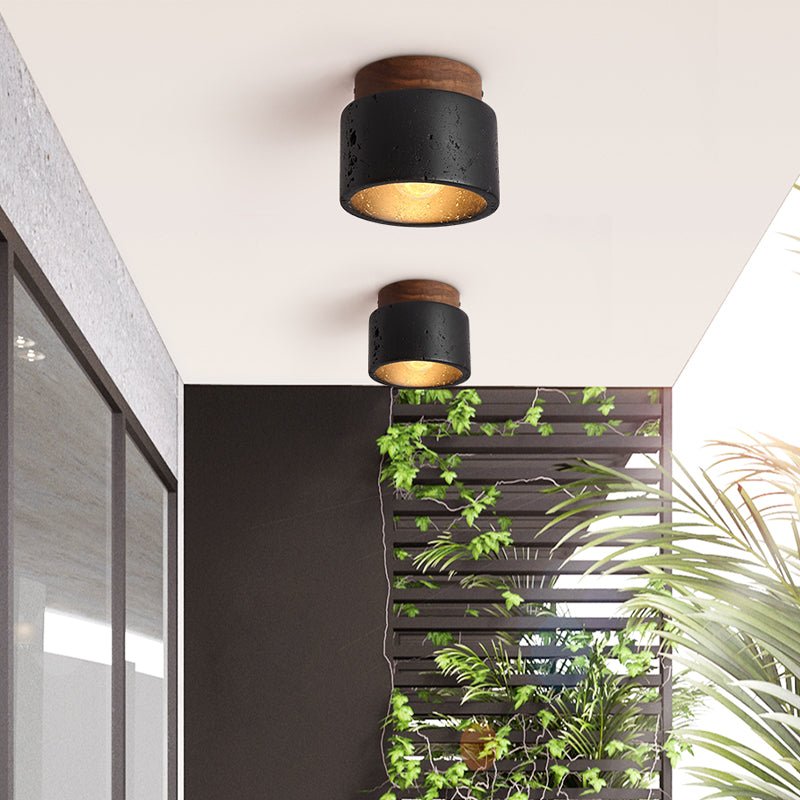 Volcanic Glow Flush Mount Ceiling Light in Black Travertine and Walnut