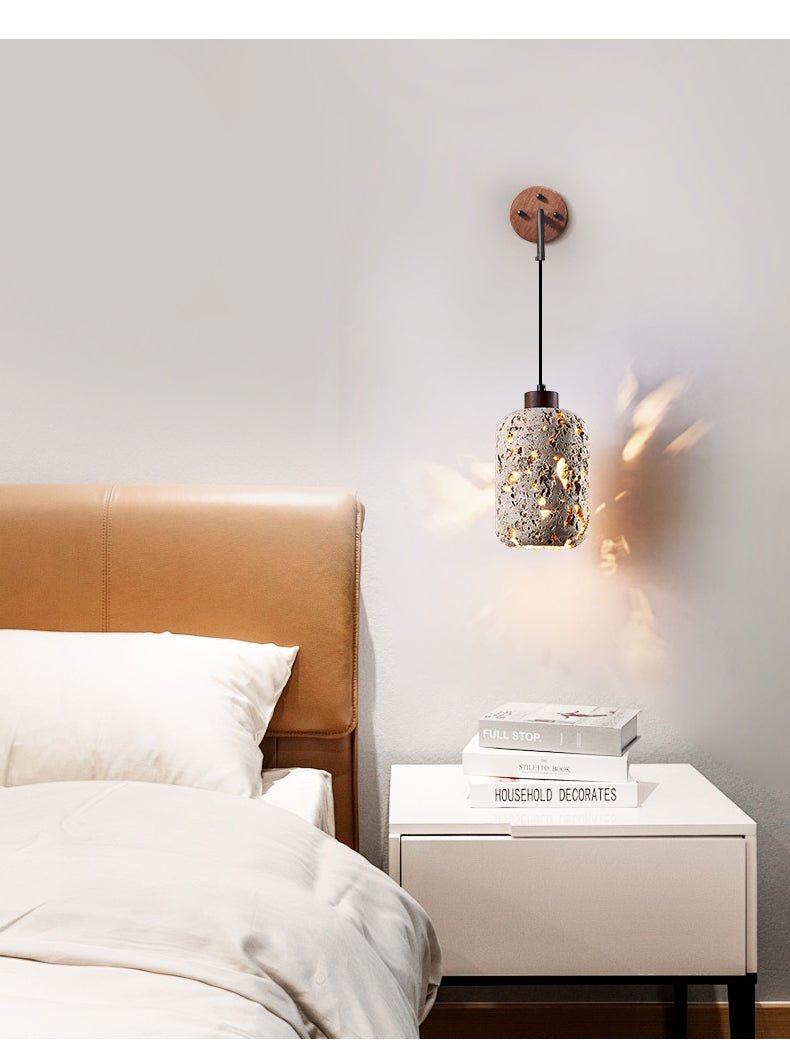 Volcanic Glow Travertine Wall Sconce with Walnut Accent