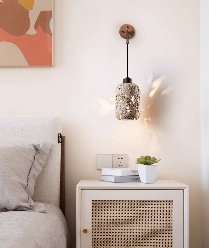 Volcanic Glow Travertine Wall Sconce with Walnut Accent