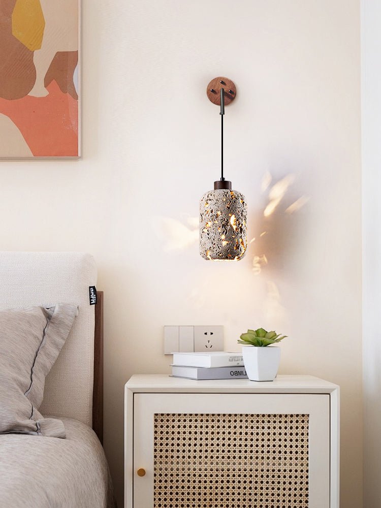 Volcanic Glow Travertine Wall Sconce with Walnut Accent